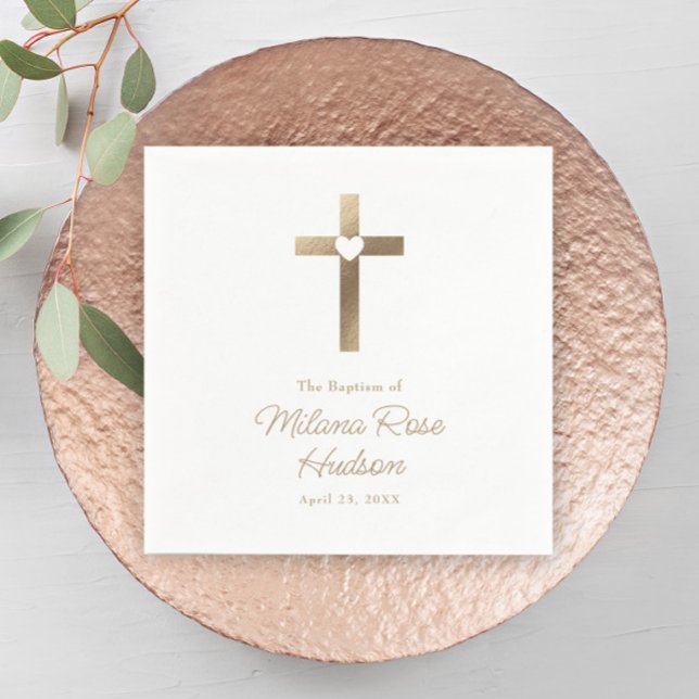 Simple Gold Cross with Heart Baptism Napkin (Simple Gold Cross with Heart Elegant Baptism Napkin.)