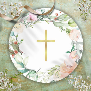 Simple Gold Cross Woodland Rose Garland Classic Round Sticker