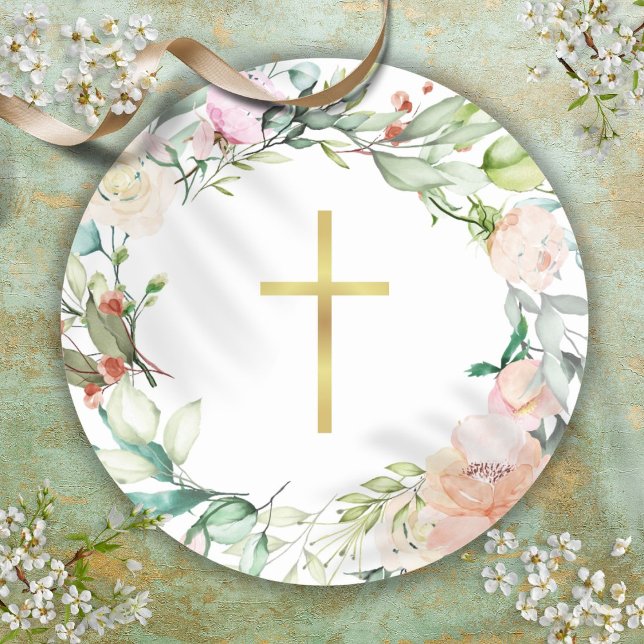 Simple Gold Cross Woodland Rose Garland Classic Round Sticker (Simple Gold Cross Woodland Rose Garland Classic Round Sticker)