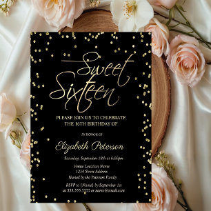 Simple Gold Diamonds Black Sweet 16 Invitation  Postcard