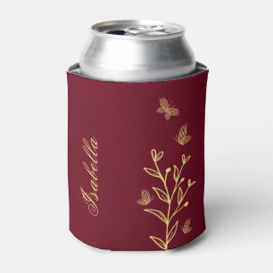 Simple gold floral maroon can cooler