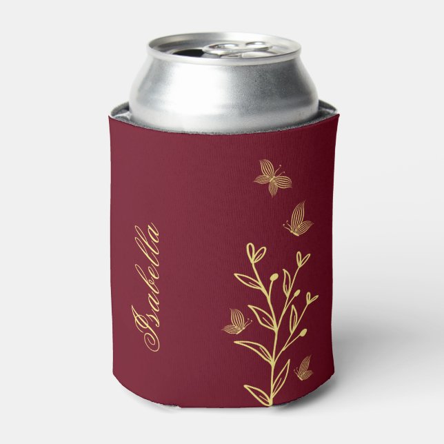 Simple gold floral maroon can cooler (Can Front)