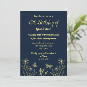 Simple gold floral navy birthday invitation