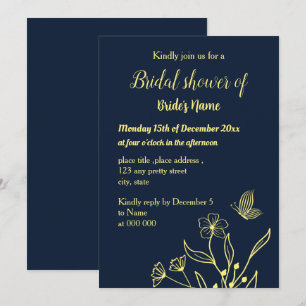 Simple gold floral navy bridal shower invitation