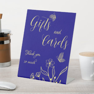 Simple gold floral royal blue wedding gift & cards pedestal sign