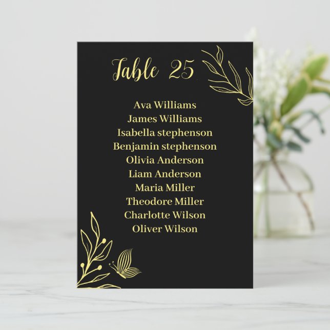 Simple gold flower black seating chart card (Standing Front)