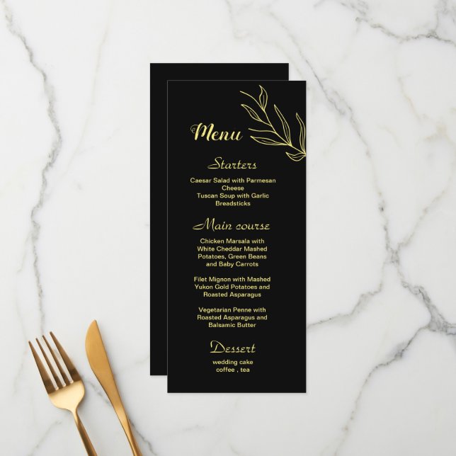 Simple gold flower black wedding menu (Front/Back In Situ)