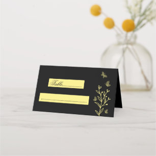 Simple gold flower black wedding place card