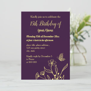 Simple gold flower purple birthday invitation