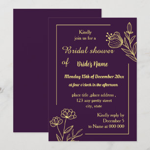 Simple gold flower purple bridal shower invitation