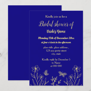 Simple gold flower royal blue bridal shower invitation