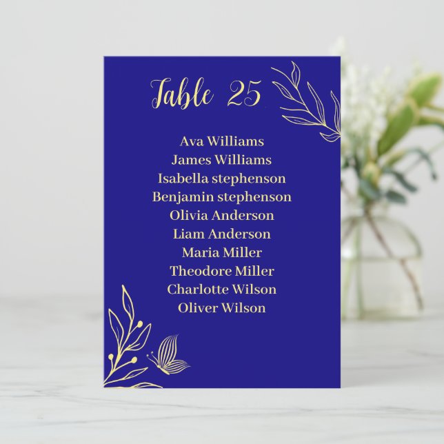Simple gold flower royal blue seating chart card (Standing Front)
