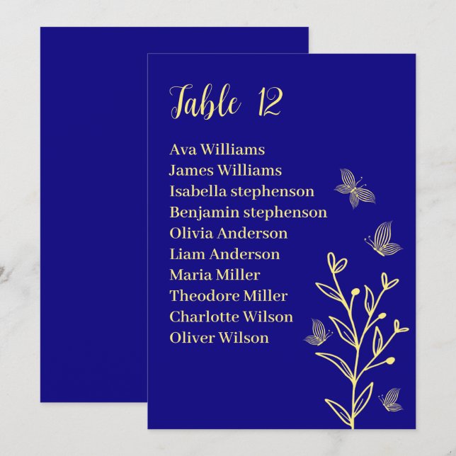 Simple gold flower royal blue seating chart card (Front/Back)