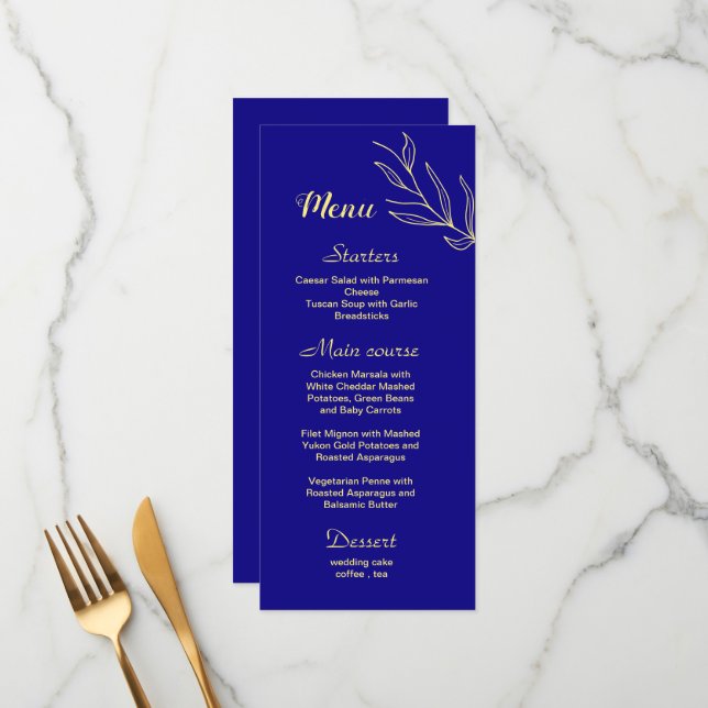 Simple gold flower royal blue wedding menu (Front/Back In Situ)