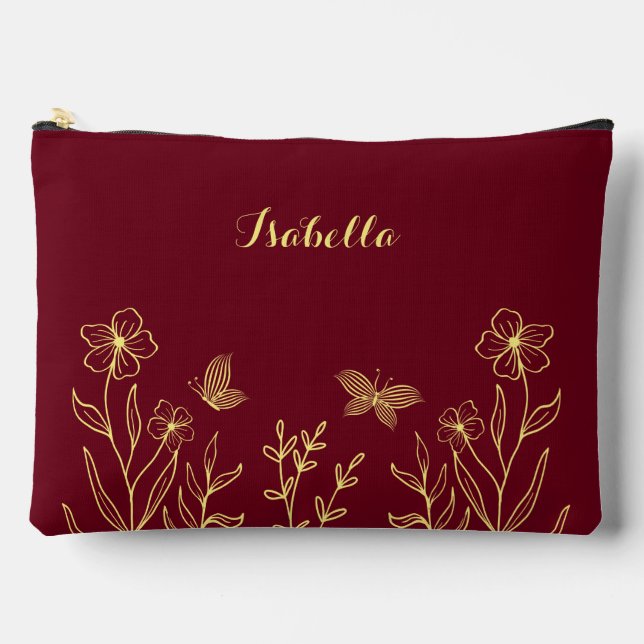 Simple gold flowers burgundy  accessory pouch (Front)