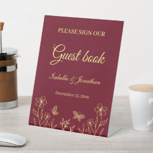 Simple gold flowers burgundy pedestal sign