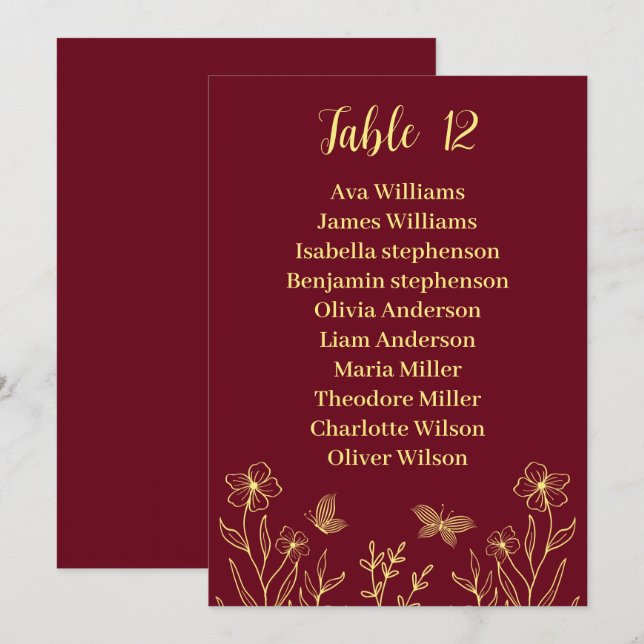 Simple gold flowers burgundy seating chart card (Front/Back)