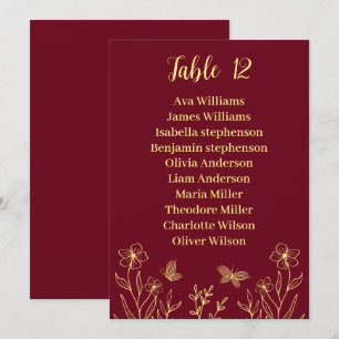 Simple gold flowers burgundy seating chart card