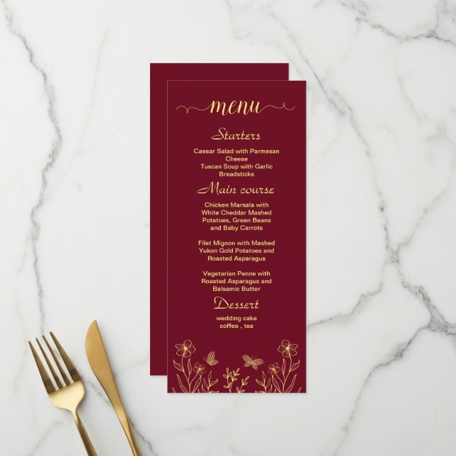 Simple gold flowers burgundy wedding menu (Front/Back In Situ)
