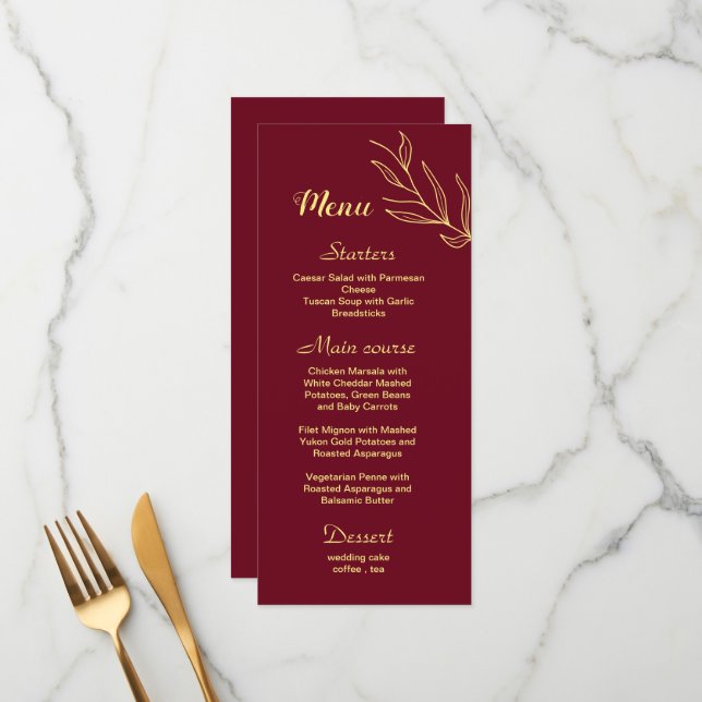 Simple gold flowers burgundy wedding menu (Front/Back In Situ)