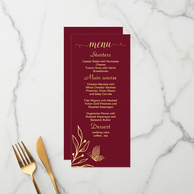 Simple gold flowers burgundy wedding menu (Front/Back In Situ)
