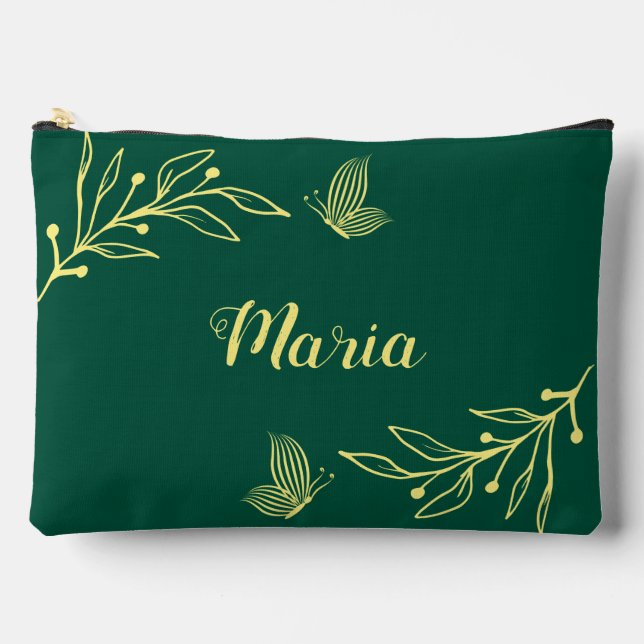 Simple gold flowers emerald green  accessory pouch (Front)