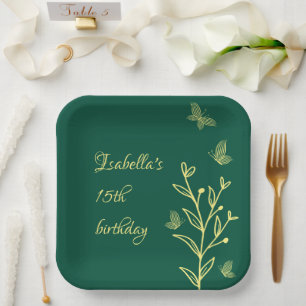 Simple gold flowers emerald green paper plate