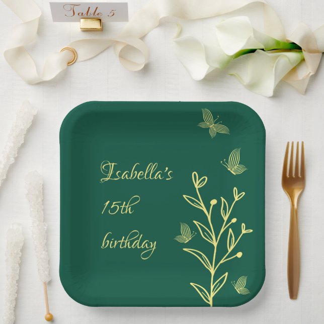 Simple gold flowers emerald green paper plate (Wedding)