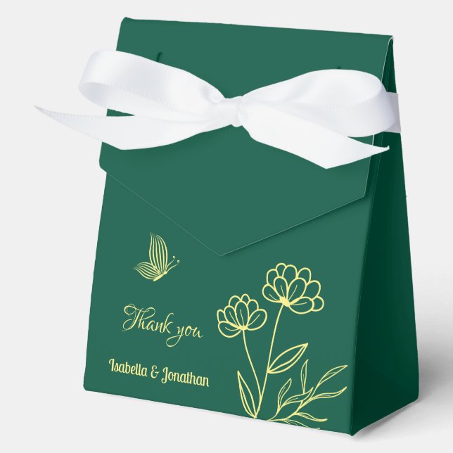 Simple gold flowers emerald green wedding favour box (Front)