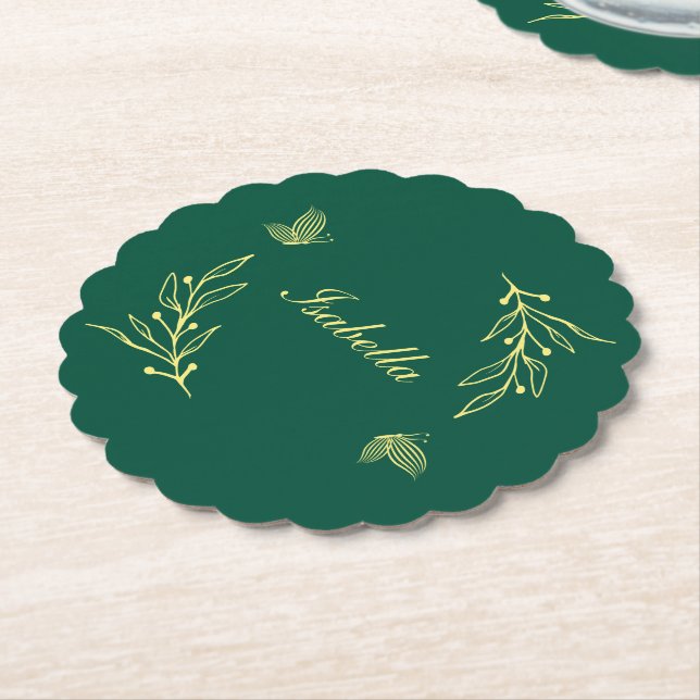 Simple gold flowers emerald green wedding paper coaster (Angled)