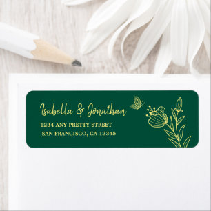 Simple gold flowers emerald green wedding return address label