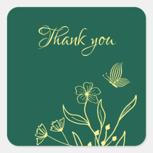Simple gold flowers emerald green wedding square sticker