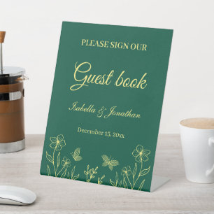 Simple gold flowers emerald wedding pedestal sign