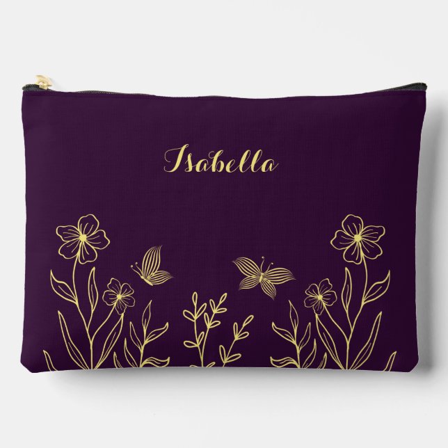 Simple gold flowers purple  accessory pouch (Front)