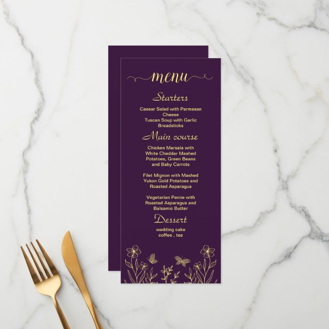 Simple gold flowers purple wedding menu (Front/Back In Situ)