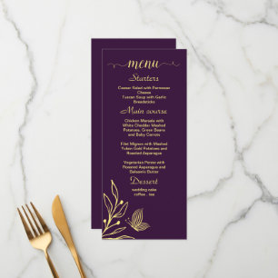 Simple gold flowers purple wedding menu