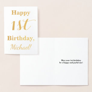 Simple Gold Foil 1st Birthday + Custom Name Foil Card