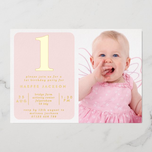 Simple Gold Foil & Blush 1st Birthday Photo (Front)