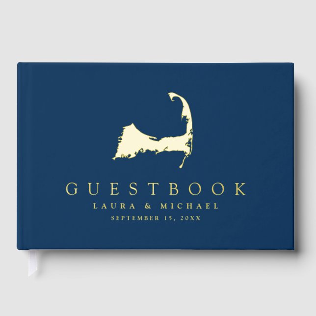 Simple Gold Foil Cape Cod Map Wedding Guest Book (Front)