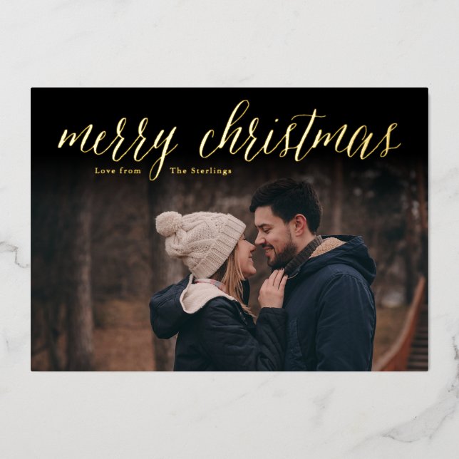 Simple Gold Foil Merry Christmas Photo Cards Dark (Front)