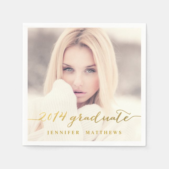 Simple Gold Foil Photo Graduation Paper Napkins (Front)