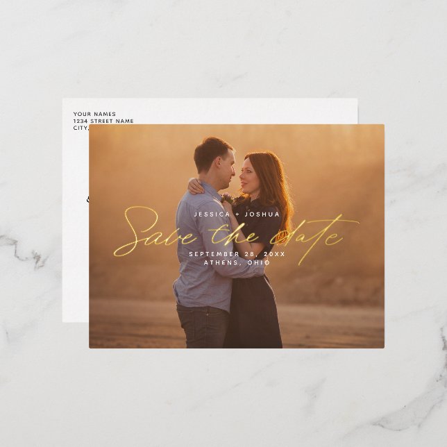 Simple Gold Foil Script Overlay Save the Date Invitation Postcard (Front/Back)