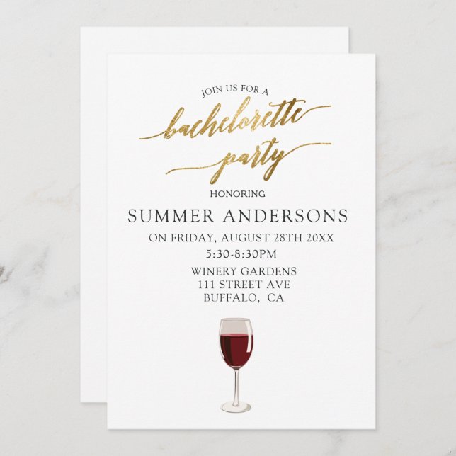Simple Gold Foil Textures Wine Bachelorette Party Invitation (Front/Back)