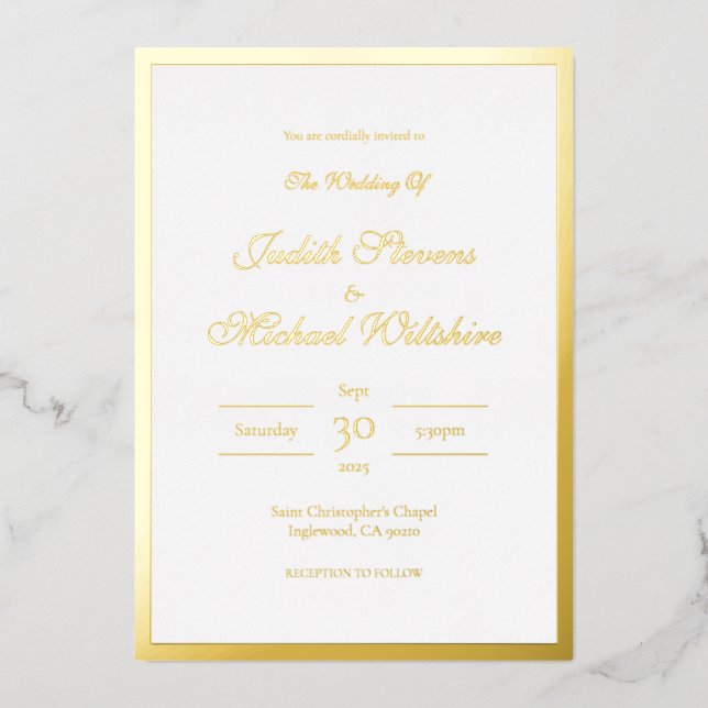 Simple Gold Foil White Wedding Foil Invitation (Front)