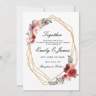 simple gold frame chic Watercolor Floral  wedding Invitation