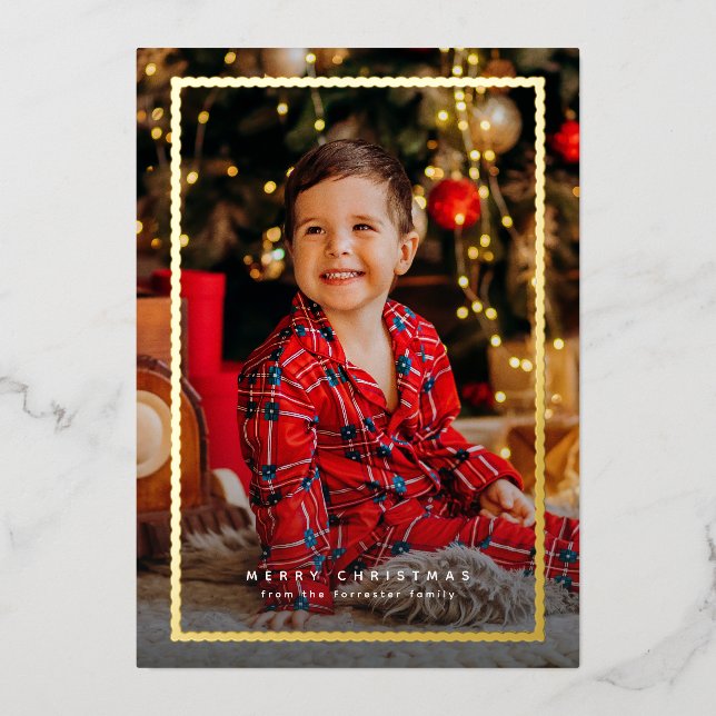 Simple gold frame Christmas photo Foil Holiday Card (Front)