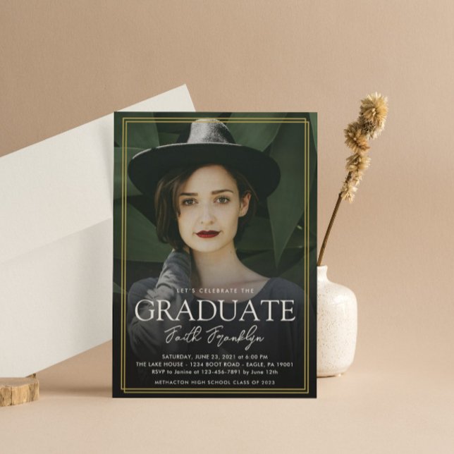 Simple Gold Frame Two Photo Vertical Graduation Invitation (Creator Uploaded)