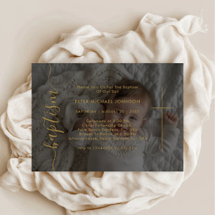 Simple Gold Gender Neutral Photo Overlay Baptism Invitation