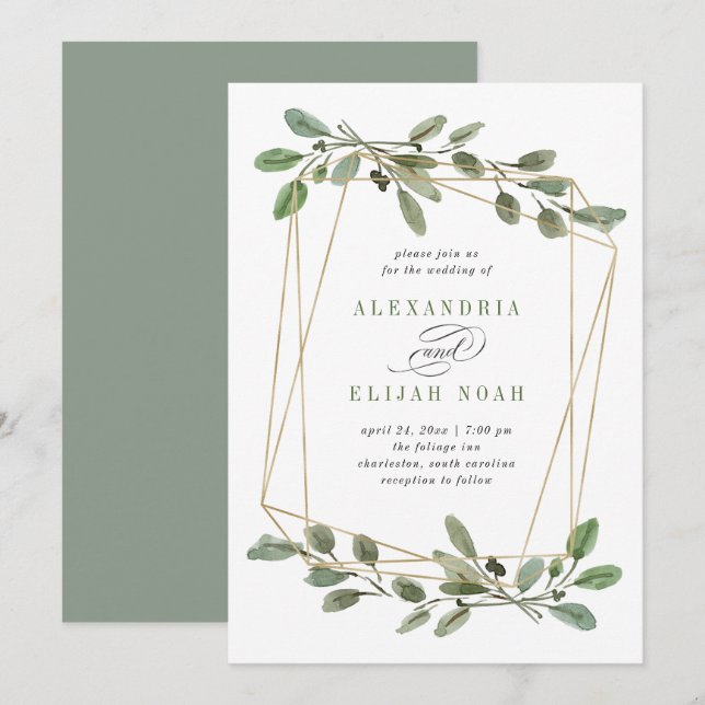 Simple Gold Geometric and Greenery | Wedding Invitation (Front/Back)