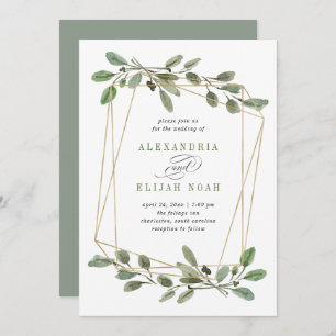 Simple Gold Geometric and Greenery   Wedding Invitation